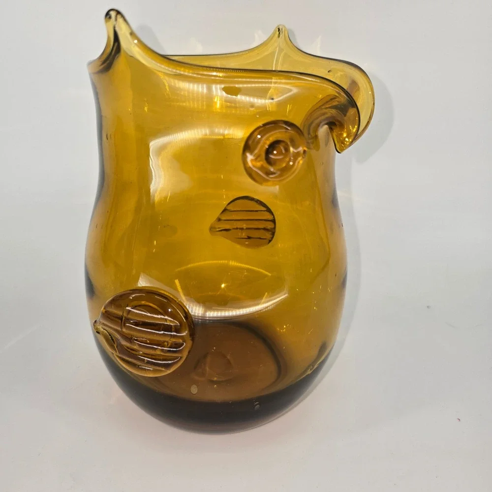 Vintage Pier 1 Amber Art Glass Owl Vase Pitcher Mid Century Modern Decor 8in